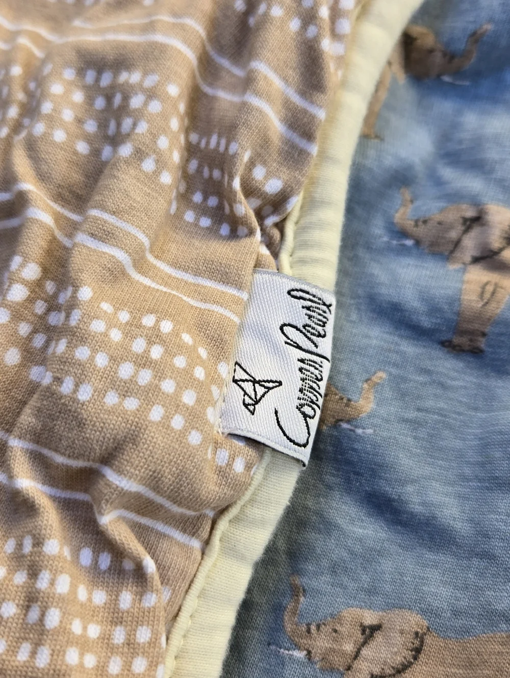 Copper Pearl Cotton Reversible Baby Burp Cloth - Elephant & Neutral Stripe